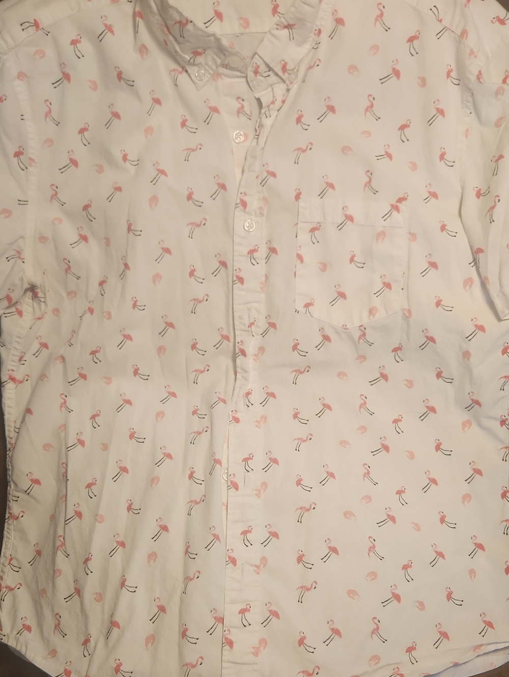 White Button-Up Shirt with Pink Flamingo Pink Shrimp Print Large